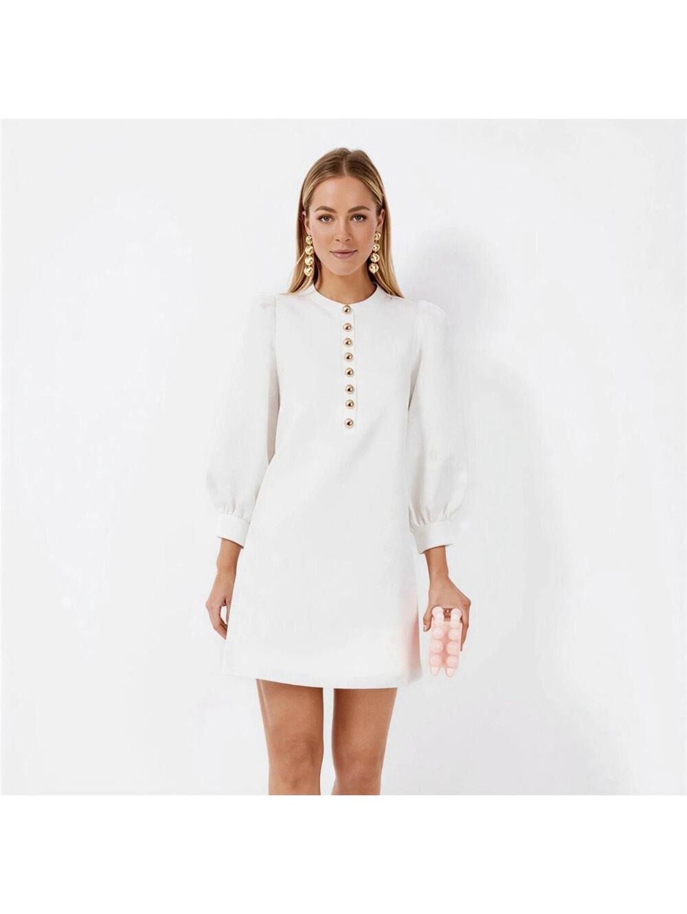 Pomander Place Tuckernuck Women's Med White Jacquard Samantha Gold Button Dress - Picture 1 of 9